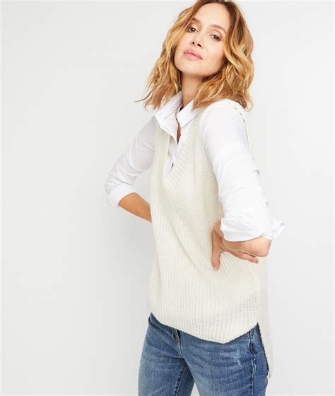 Pull sans manches Maille de coton et laine mélangés écrus 